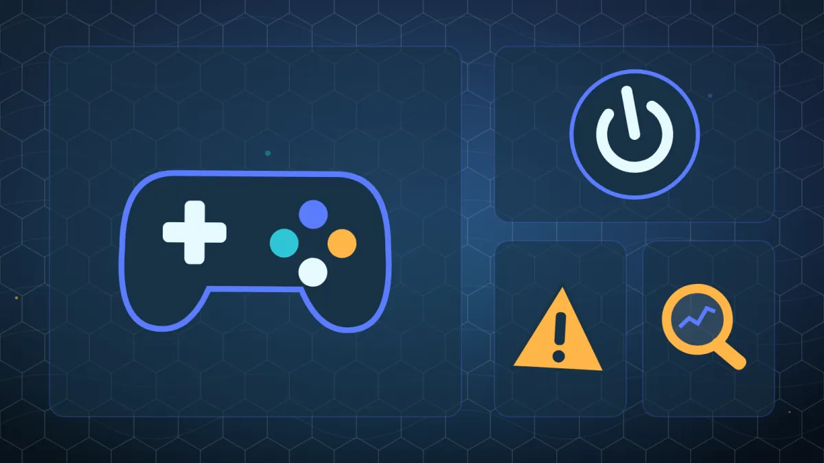 Manette de console à côté d'un bouton d'alimentation, d'un signal d'alerte et d'une loupe de diagnostic