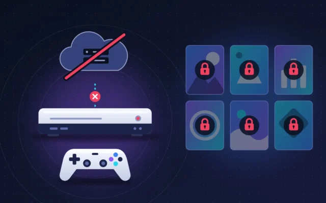 Console de salon et manette devant des jeux dématérialisés verrouillés, serveur du réseau en panne