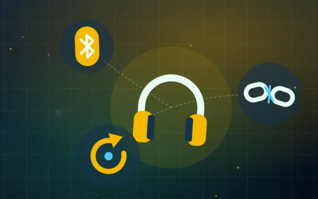 Paire d’écouteurs sans fil et symbole Bluetooth relié par une flèche circulaire de reconnexion