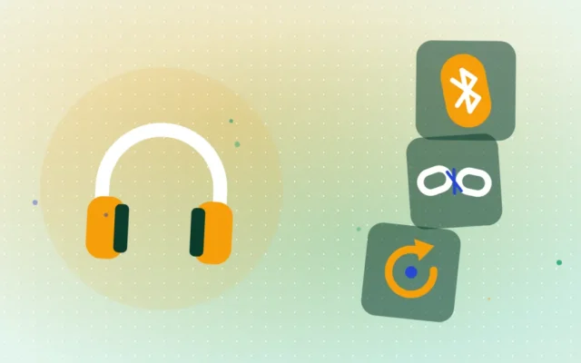 Wireless earbuds and a Bluetooth symbol linked again after a dropped connection