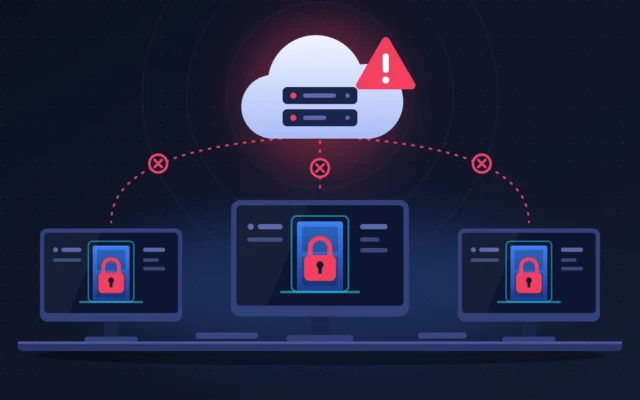 Trois postes de bureau avec porte de connexion verrouillée sous un nuage serveur CRM en alerte