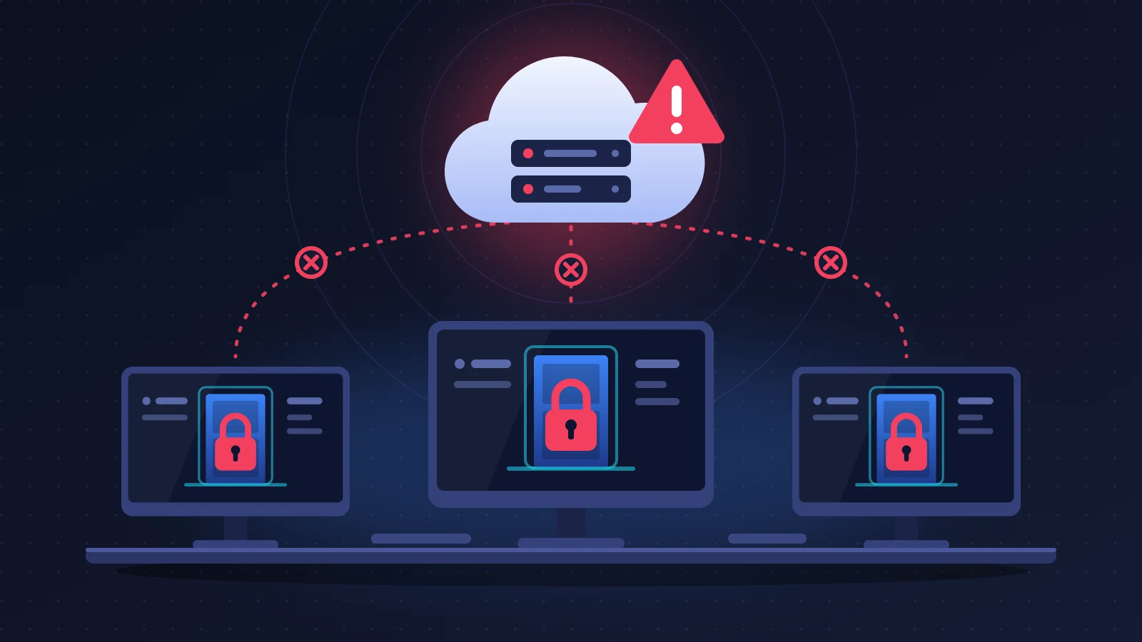 Trois postes de bureau avec porte de connexion verrouillée sous un nuage serveur CRM en alerte