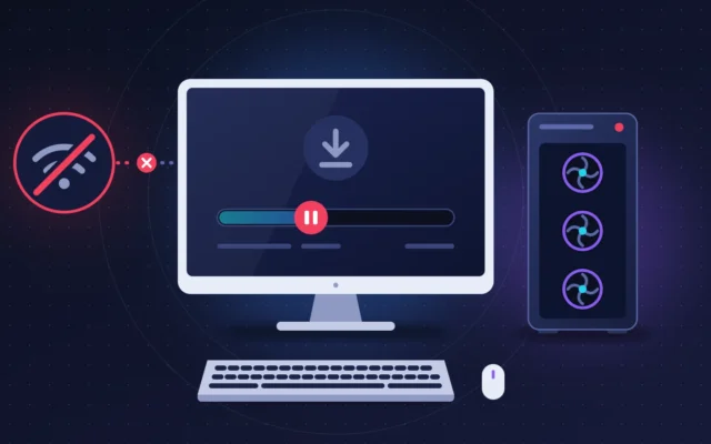 PC de jeu avec téléchargement figé à l'écran et connexion à la plateforme de jeux coupée