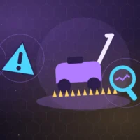 Tondeuse à gazon thermique avec un panneau d'alerte, une loupe et une clé de réparation