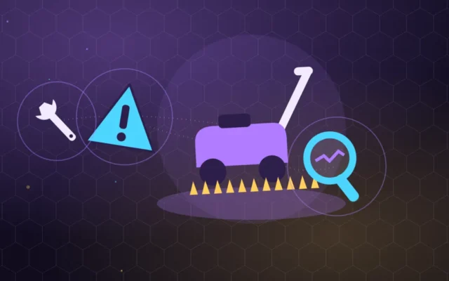 Tondeuse à gazon thermique avec un panneau d'alerte, une loupe et une clé de réparation