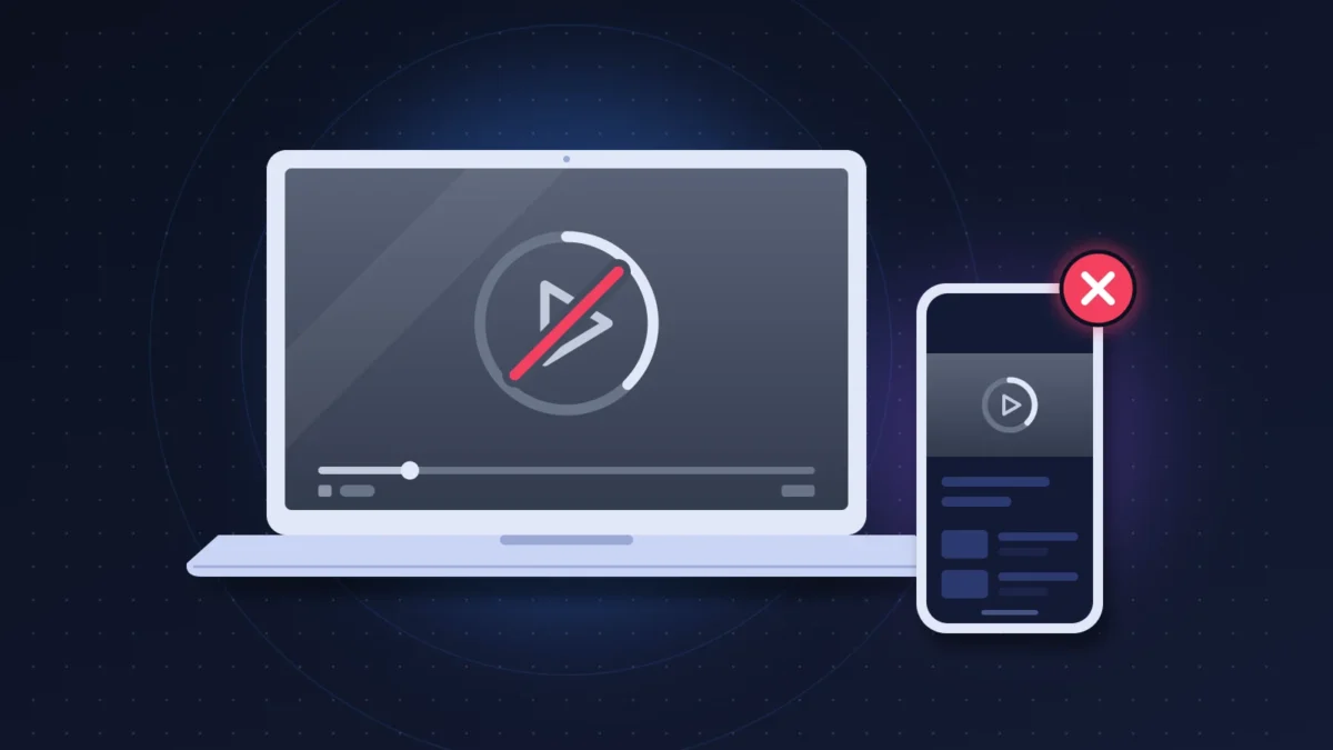 Lecteur vidéo en ligne gris sur portable et téléphone, chargement sans fin et lecture barrée
