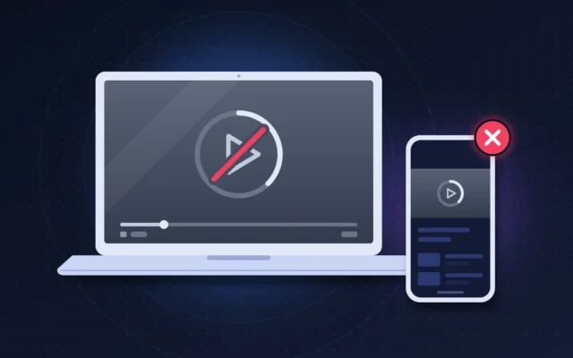 Lecteur vidéo en ligne gris sur portable et téléphone, chargement sans fin et lecture barrée